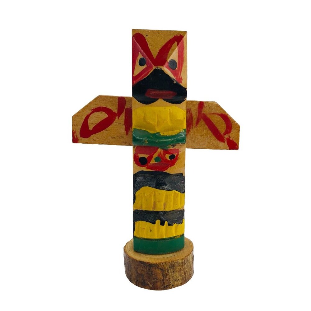 Vtg Japanese Totem Pole Figurine Hand Painted Carved Wooden Native American Art